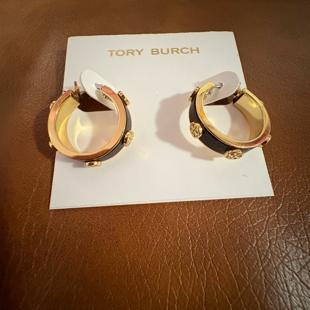 Tory Burch Brown and Gold Textured Hoop Earrings
